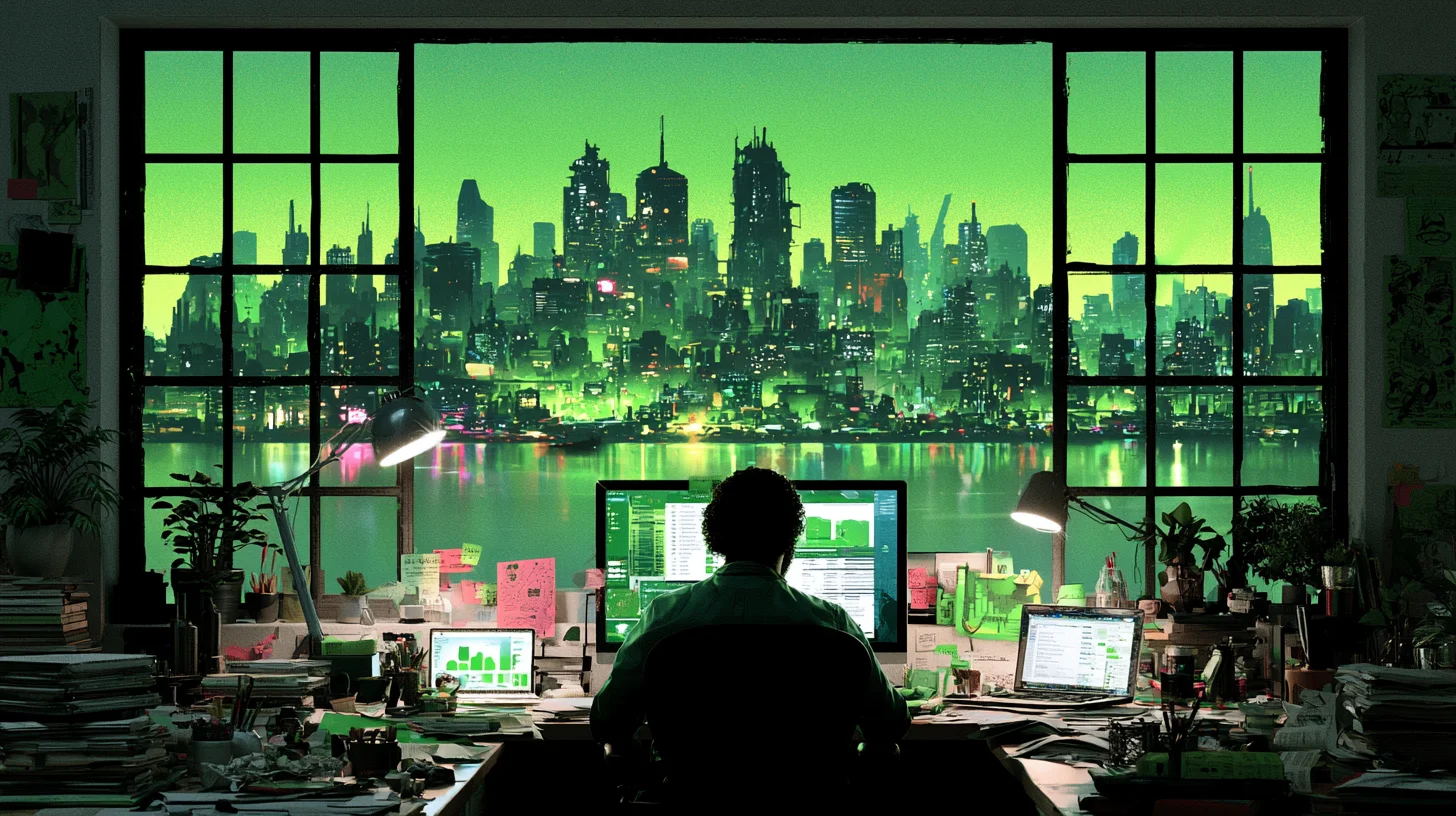 A developer at a multi-screen desk at night, city skyline through the studio window